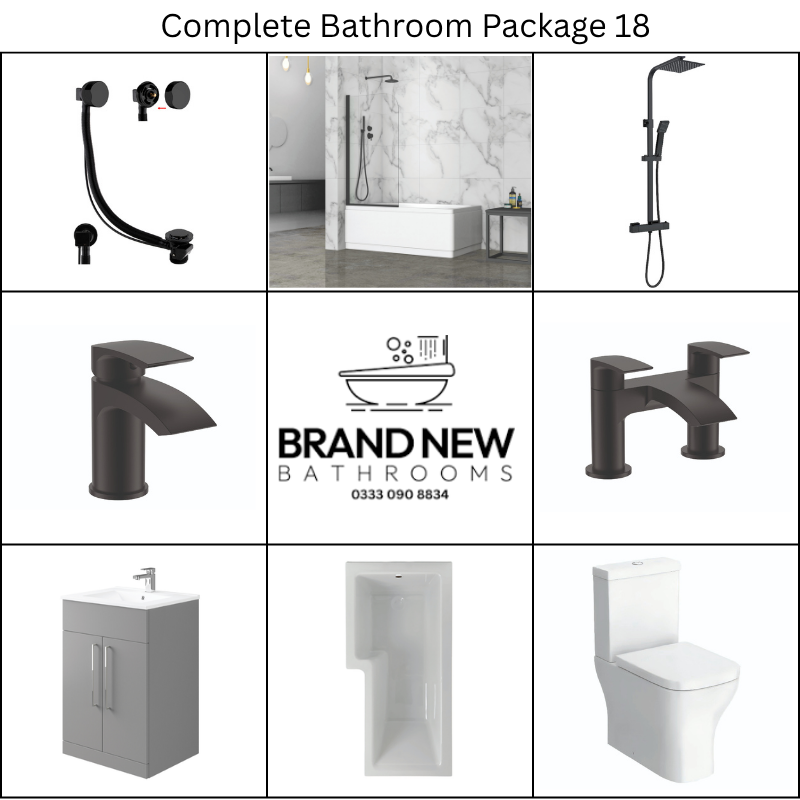 Giavani Bathrooms Complete Bathroom Suite with 1700mm L-Shape Right-Handed Shower Bath, Black Brassware & Vanity Unit (3 colours)