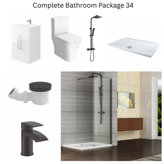 Giavani Bathrooms Complete Walk-In Shower Suite with 1700mm Shower Tray, Black Brassware & Vanity Unit (3 colours)