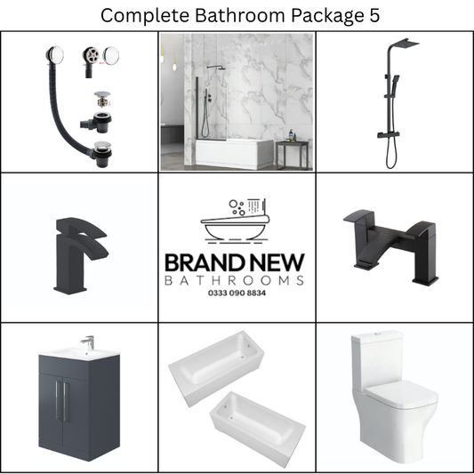 Giavani Bathrooms Complete Bathroom Suite with 1700mm Bath, Matt Black Brassware & Vanity Unit (3 colours)