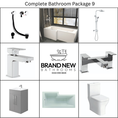 Giavani Bathrooms Complete Bathroom Suite with 1700mm L-Shape Left-Handed Shower Bath, Chrome Brassware & Vanity Unit (3 colours)