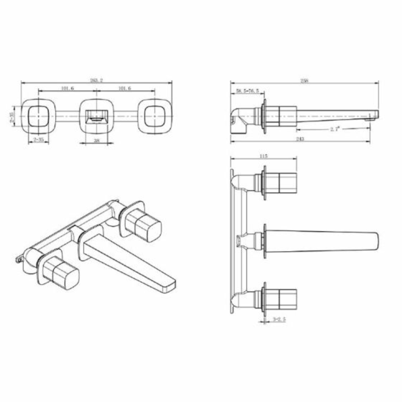 RAK Ceramics Petit Square Wall Mounted 3 Hole Basin Mixer Tap (1 size, Chrome) - Brand New Bathrooms