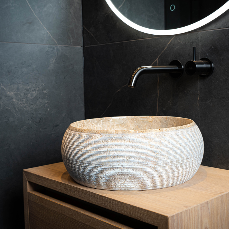 Loutro Lavabo Rocky-S Round Stone Marble Basin (1 size, Beige) - Brand New Bathrooms