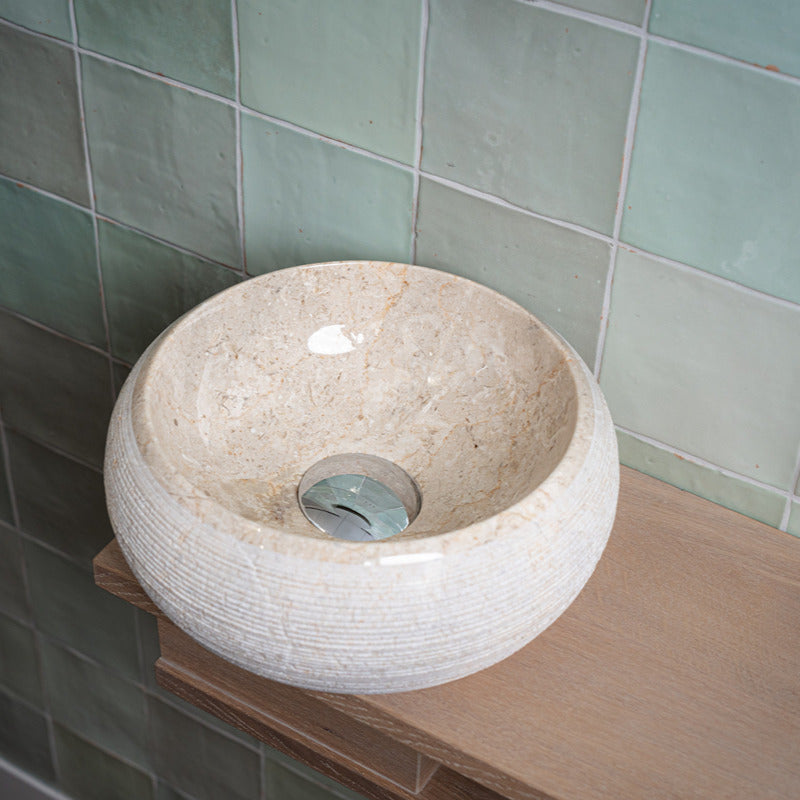 Loutro Lavabo Rocky Mini-S Round Stone Marble Basin (1 size, Beige) - Brand New Bathrooms