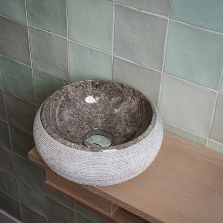 Loutro Lavabo Rocky-T Round Stone Marble Basin (1 size, Taupe) - Brand New Bathrooms