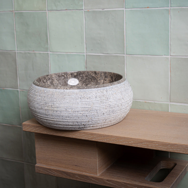 Loutro Lavabo Rocky-T Round Stone Marble Basin (1 size, Taupe) - Brand New Bathrooms