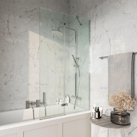 Scudo S6 Chrome Square 6mm Pivot Glass Bath Screen Including Fixed Panel (H1500 x W890mm) - Brand New Bathrooms