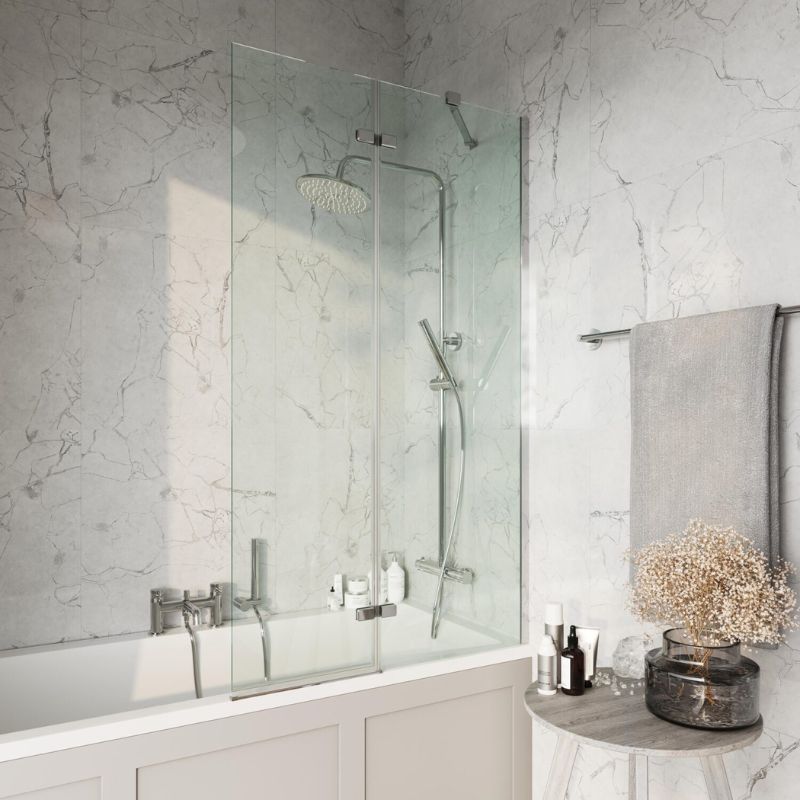Scudo S6 Chrome Square 6mm Pivot Glass Bath Screen Including Fixed Panel (H1500 x W890mm) - Brand New Bathrooms