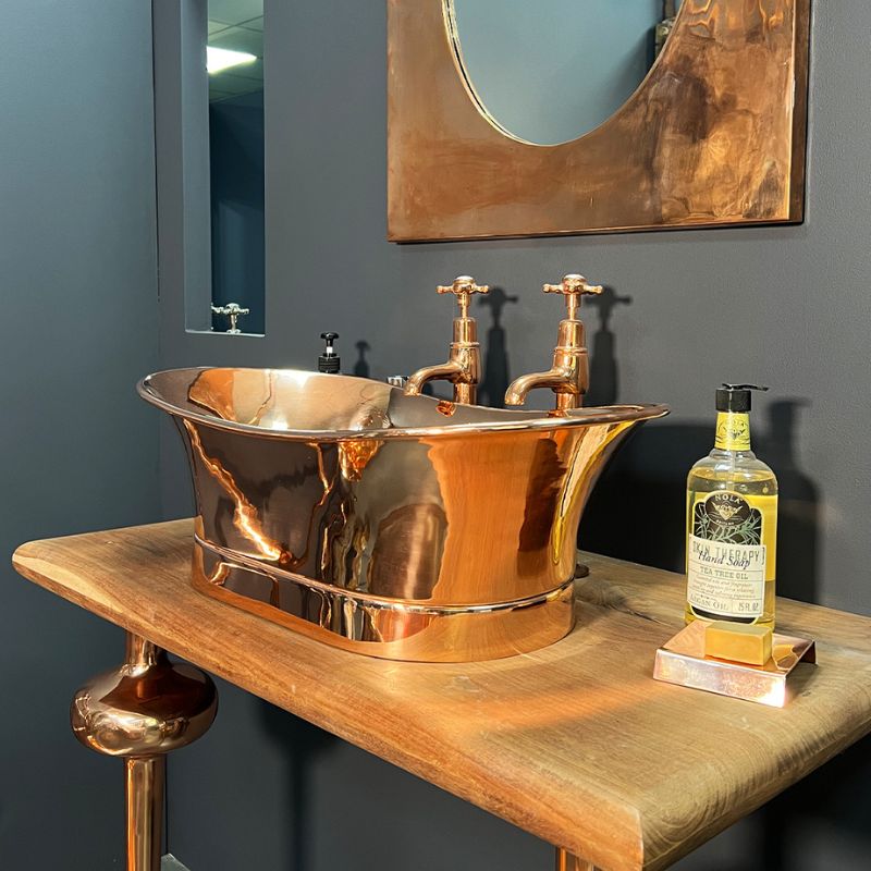 Hurlingham Copper Bateau Basin with Roll Top & Plinth (1 size, Full Copper) - Brand New Bathrooms