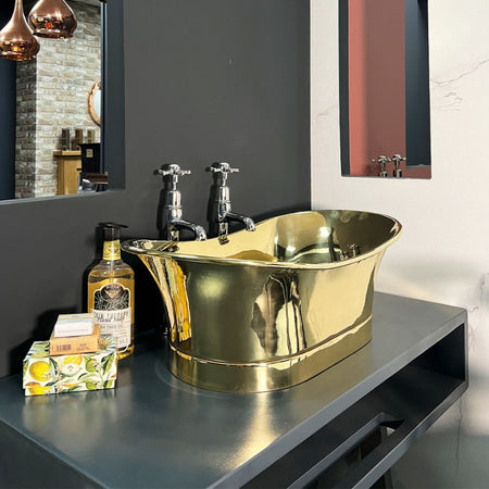 Hurlingham Brass Bateau Basin with Roll Top & Plinth (1 size, Full Brass) - Brand New Bathrooms