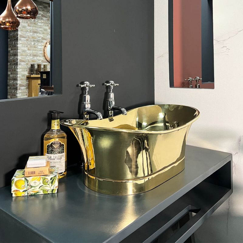 Hurlingham Brass Bateau Basin with Roll Top & Plinth (1 size, Full Brass) - Brand New Bathrooms