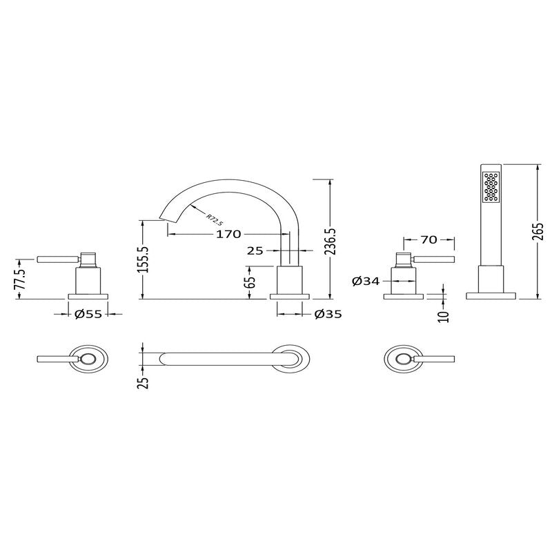 Hudson Reed Tec Lever 4 Tap Hole Bath Mixer (1 size, Chrome) - Brand New Bathrooms