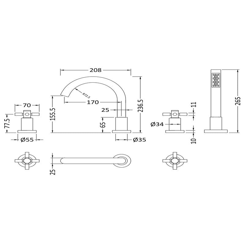 Hudson Reed Tec Crosshead 4 Tap Hole Bath Mixer (1 size, Chrome) - Brand New Bathrooms