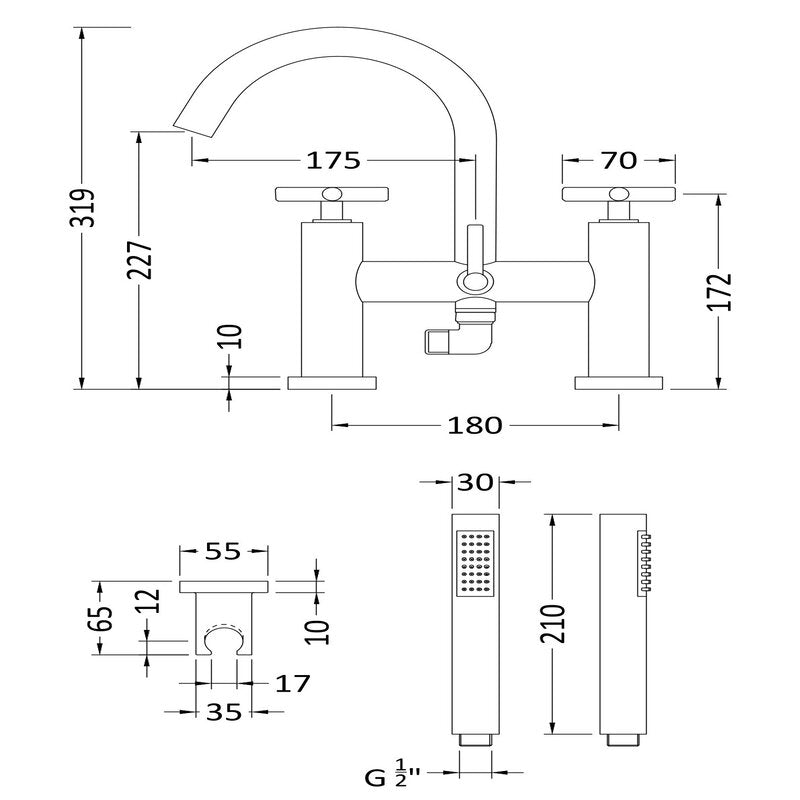 Hudson Reed Tec Crosshead Bath & Shower Mixer (1 size, Chrome) - Brand New Bathrooms