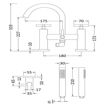 Hudson Reed Tec Crosshead Bath & Shower Mixer (1 size, Chrome) - Brand New Bathrooms