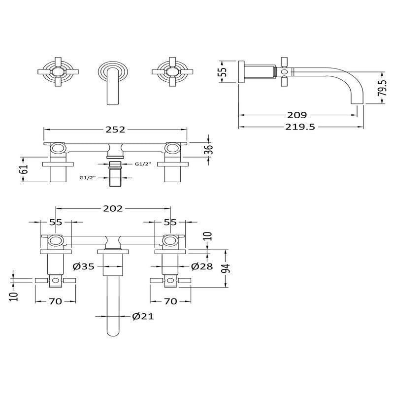 Hudson Reed Tec Crosshead Wall Mounted Basin Mixer (1 size, 3 colours) - Brand New Bathrooms