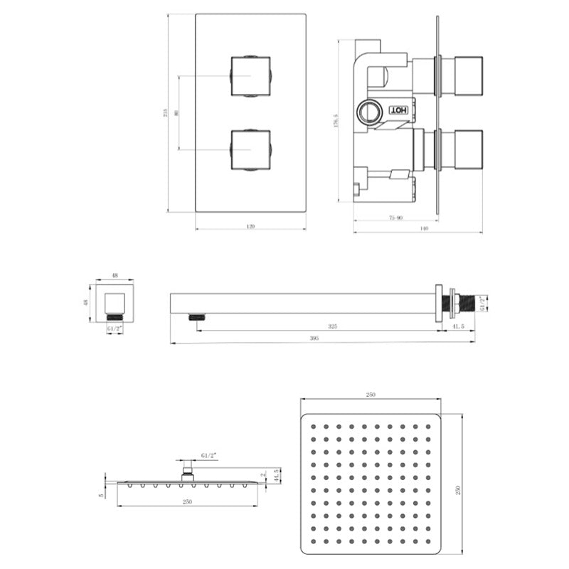 Tailored Bathrooms Concealed Thermostatic 2 Handle 1 Way Shower Kit (2 types, 2 shapes, Chrome) - Brand New Bathrooms