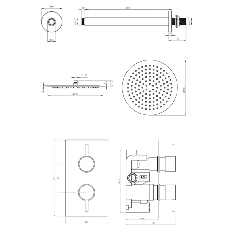 Tailored Bathrooms Concealed Thermostatic 2 Handle 1 Way Shower Kit (2 types, 2 shapes, Chrome) - Brand New Bathrooms