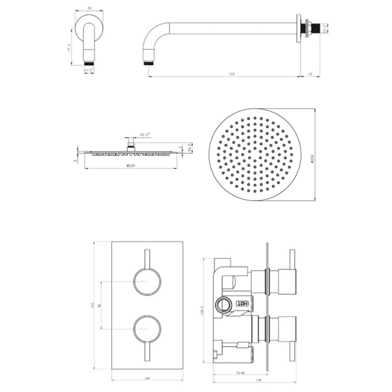 Tailored Bathrooms Concealed Thermostatic 2 Handle 1 Way Shower Kit (2 types, 2 shapes, Chrome) - Brand New Bathrooms