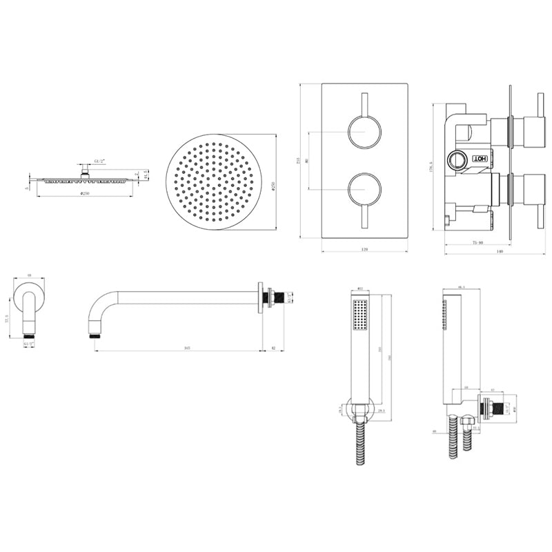 Tailored Bathrooms Concealed Thermostatic 2 Handle 2 Way Shower Kit (2 types, 2 shapes, Chrome) - Brand New Bathrooms