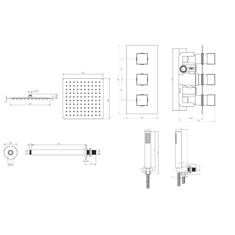 Tailored Bathrooms Concealed Thermostatic 3 Handle 2 Way Shower Kit (2 types, 2 shapes, Chrome) - Brand New Bathrooms