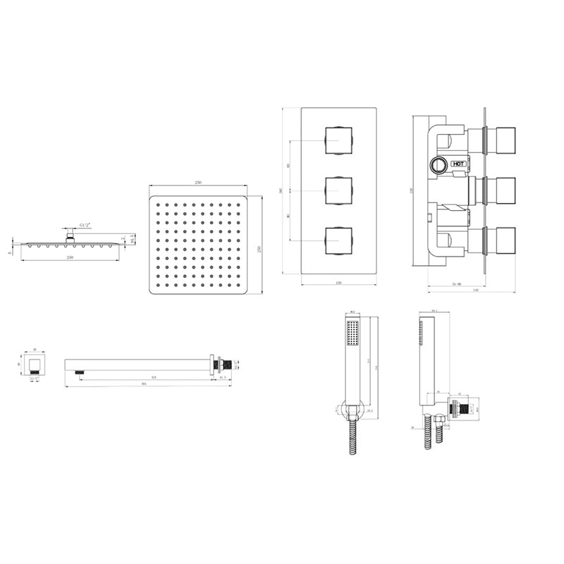 Tailored Bathrooms Concealed Thermostatic 3 Handle 2 Way Shower Kit (2 types, 2 shapes, Chrome) - Brand New Bathrooms
