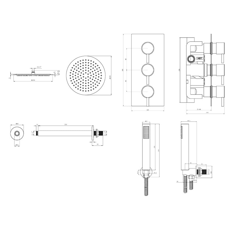 Tailored Bathrooms Concealed Thermostatic 3 Handle 2 Way Shower Kit (2 types, 2 shapes, Chrome) - Brand New Bathrooms