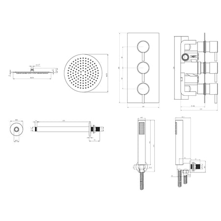 Tailored Bathrooms Concealed Thermostatic 3 Handle 2 Way Shower Kit (2 types, 2 shapes, Chrome) - Brand New Bathrooms