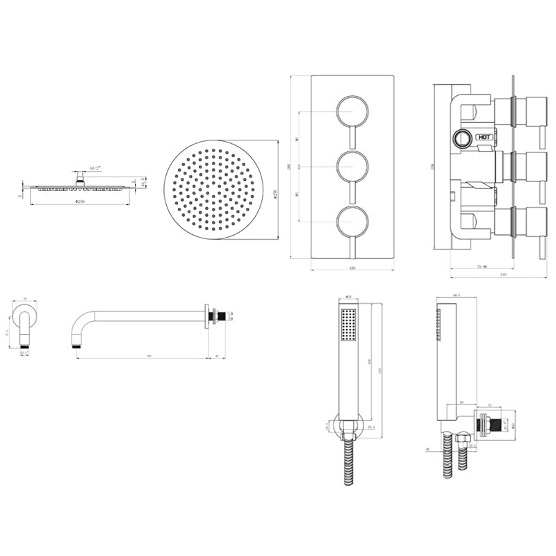 Tailored Bathrooms Concealed Thermostatic 3 Handle 2 Way Shower Kit (2 types, 2 shapes, Chrome) - Brand New Bathrooms