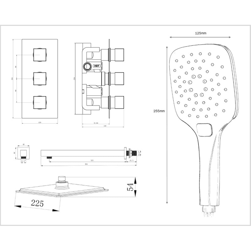 Tailored Bathrooms Concealed Thermostatic 3 Handle 2 Way Shower Kit with Shower Head (2 styles, Black) - Brand New Bathrooms