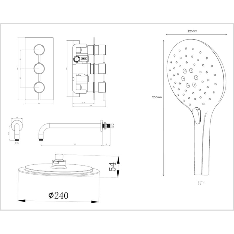 Tailored Bathrooms Concealed Thermostatic 3 Handle 2 Way Shower Kit with Shower Head (2 styles, Black) - Brand New Bathrooms