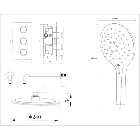 Tailored Bathrooms Concealed Thermostatic 3 Handle 2 Way Shower Kit with Shower Head (2 styles, Black) - Brand New Bathrooms