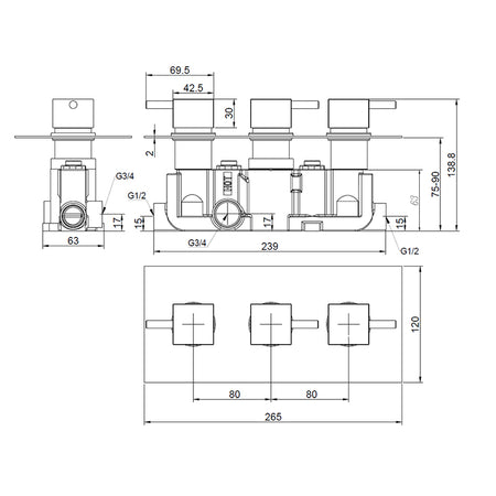 Tailored Bathrooms Orca Concealed 3 Handle 2 Way Thermostatic Shower Valve (2 styles, Black) - Brand New Bathrooms