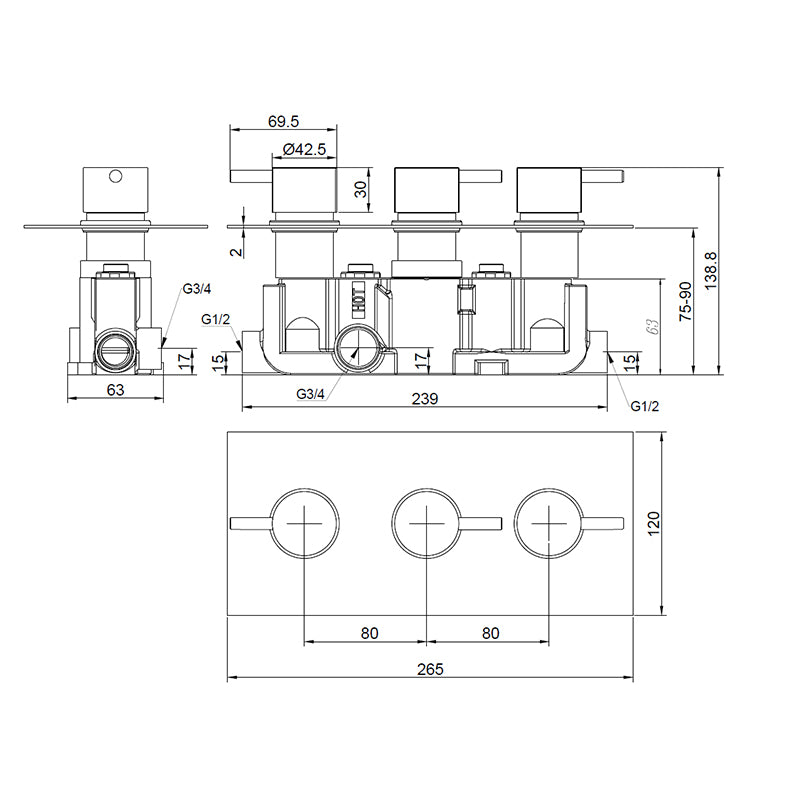 Tailored Bathrooms Orca Concealed 3 Handle 2 Way Thermostatic Shower Valve (2 styles, Black) - Brand New Bathrooms