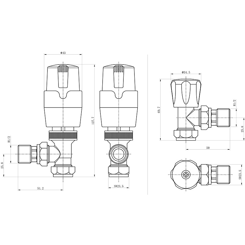 Tailored Bathrooms Thermostatic Controlled Radiator Valves (2 styles, Brushed Brass) - Brand New Bathrooms