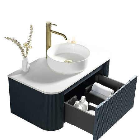 Tailored Bathrooms Flauto Wall Hung Curve Corner Vanity w. Sintered Stone Counter Top (1 size, 3 colours) - Brand New Bathrooms
