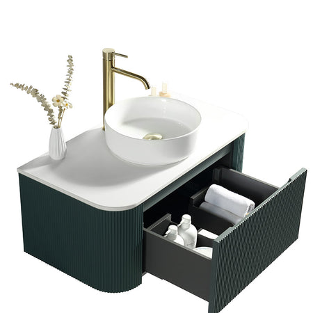 Tailored Bathrooms Flauto Wall Hung Curve Corner Vanity w. Sintered Stone Counter Top (1 size, 3 colours) - Brand New Bathrooms