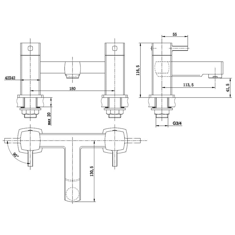 Tailored Bathrooms Newport Square Bath Filler (Chrome) - Brand New Bathrooms