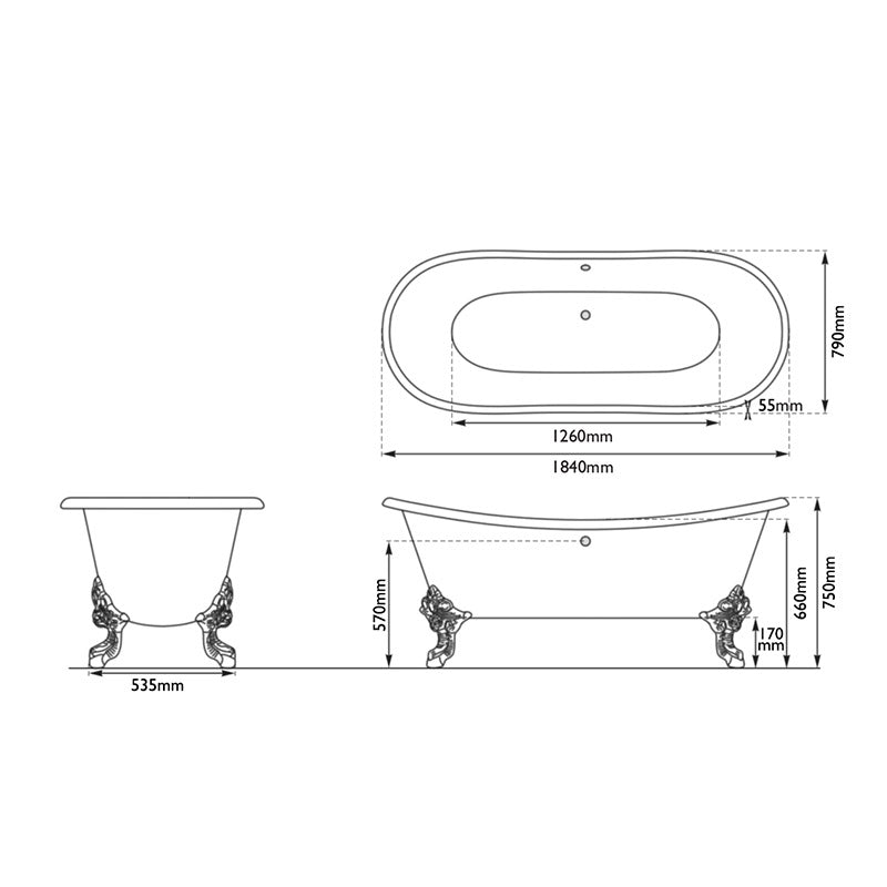 Hurlingham Tebb Double Ended Cast Iron Clawfoot Bathtub (1 size, any colour) - Brand New Bathrooms