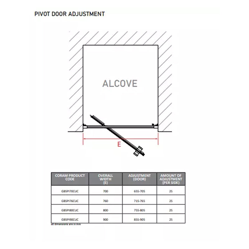 Coram Showers GB5 Pivot Shower Door (4 sizes, Chrome) - Brand New Bathrooms