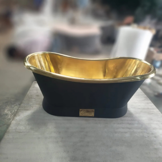 Coppersmith Creations Slanting Base Brass Bathtub (1 size, Polished Brass Interior, Black Exterior & Base) - Brand New Bathrooms