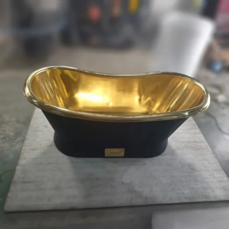 Coppersmith Creations Slanting Base Brass Bathtub (1 size, Polished Brass Interior, Black Exterior & Base) - Brand New Bathrooms