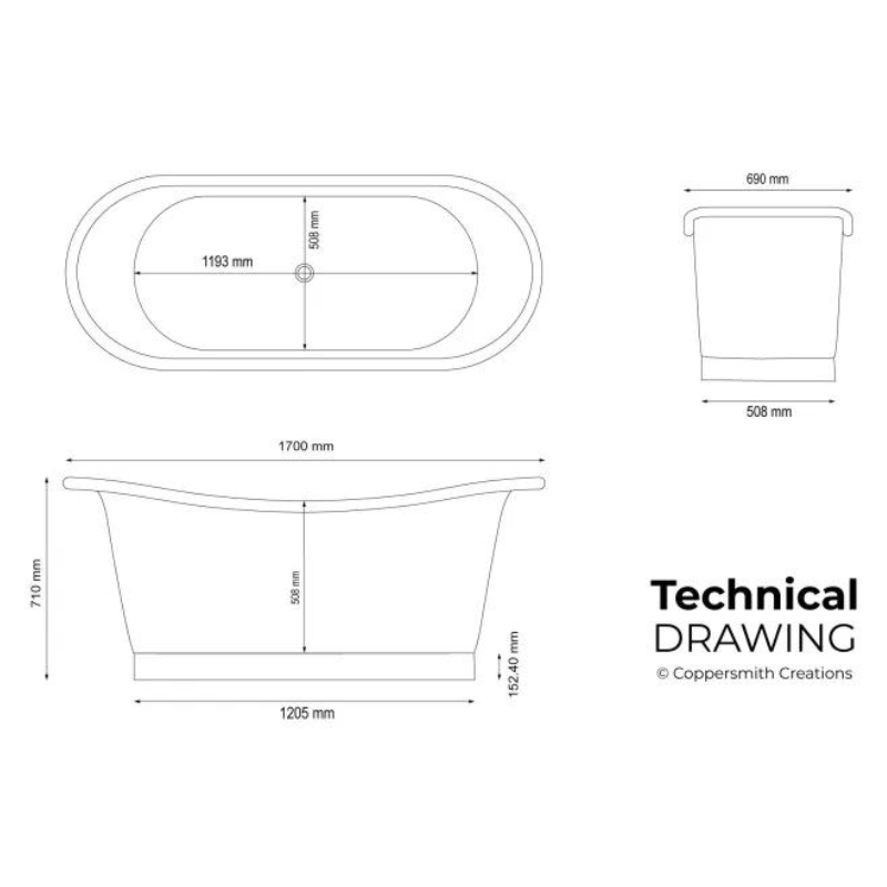 Coppersmith Creations Straight Base Copper Bathtub (1 size, Nickel Finish Interior & Patinated Lead Finish Exterior) - Brand New Bathrooms