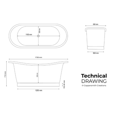 Coppersmith Creations Straight Base Full Copper Bathtub (2 sizes, Copper) - Brand New Bathrooms