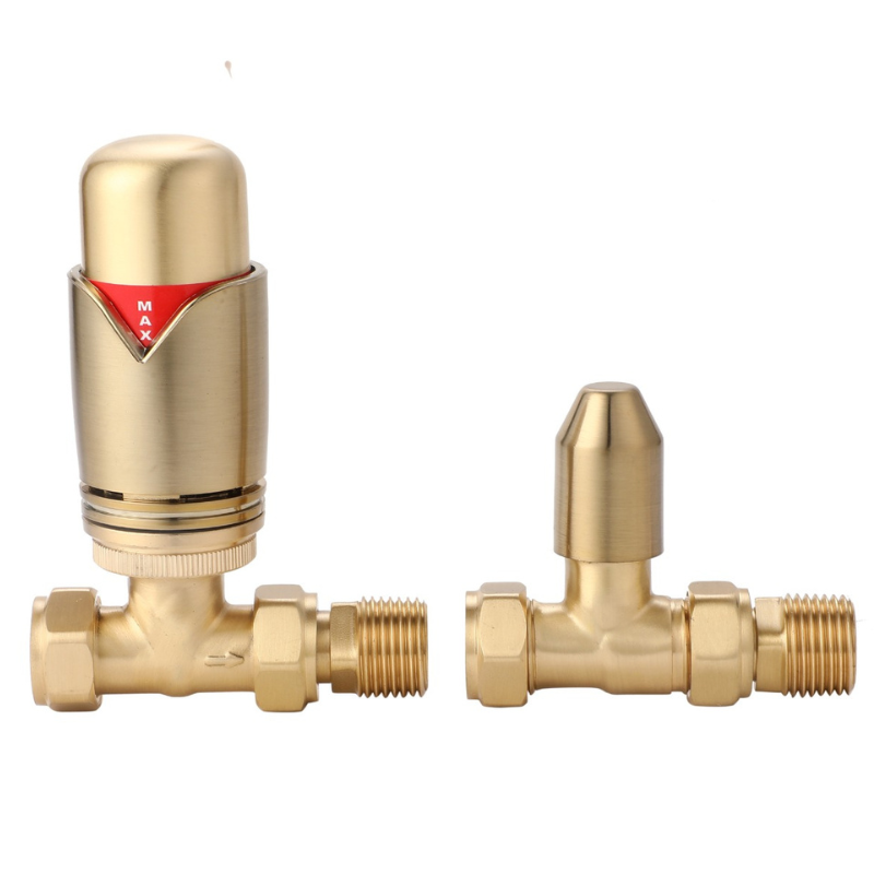 Senator Thermostatic Radiator Valves Straight (1 size, Brushed Brass) - Brand New Bathrooms