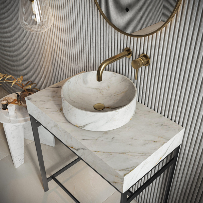 Scudo Sanctuary Arabescato White Round 350 Marble Basin (White) -  Brand New Bathrooms