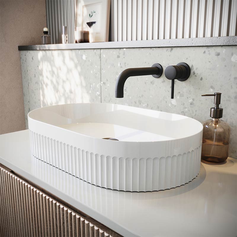 Scudo Fluted Oval Polymarble Basin (1 size, White) - Brand New Bathrooms