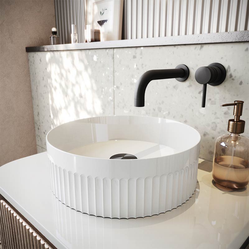 Scudo Fluted Round Polymarble Basin (1 size, White) - Brand New Bathrooms