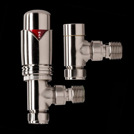 Geyser Thermostatic Angled Radiator Valves (For Pipes Coming Out Of Floor) (7 colours) - Brand New Bathrooms