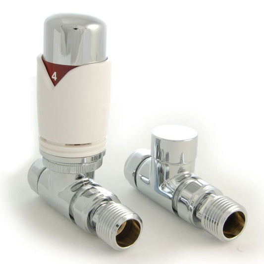 Geyser White Thermostatic Radiator Valves (For Pipes Coming Out Of Floor) (2 styles) - Brand New Bathrooms