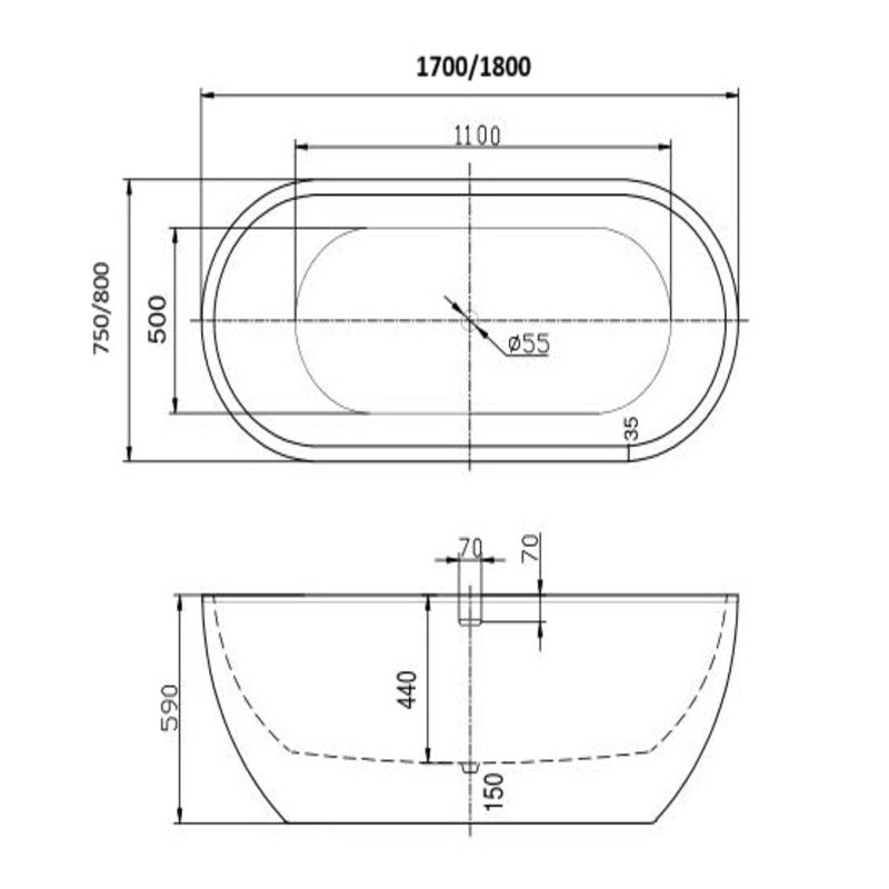 Brand New Bathrooms Elizabeth Freestanding Acrylic Bathtub (2 sizes, any colour) - Brand New Bathrooms